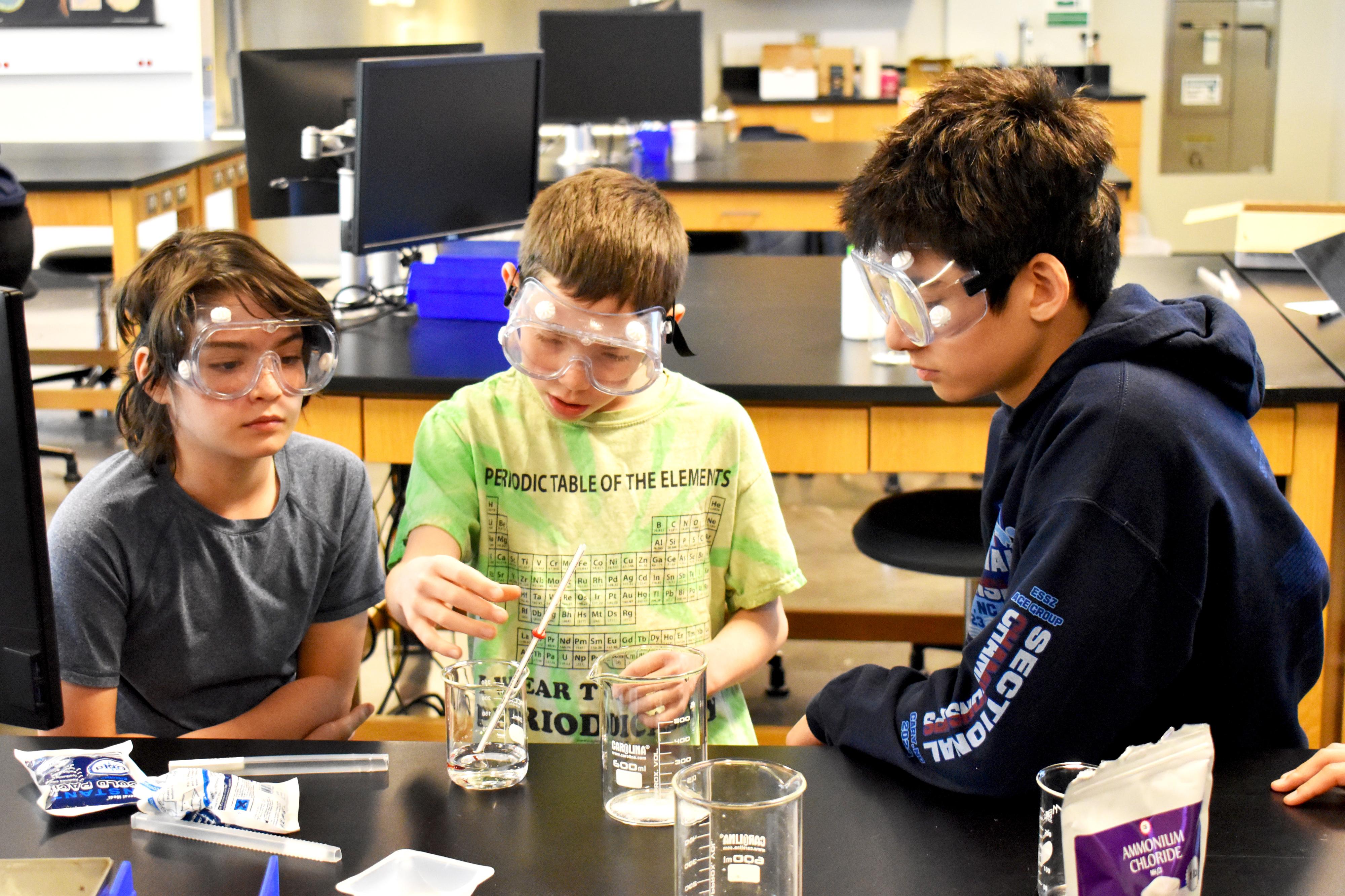 Middle school children doing activities in a science lab.