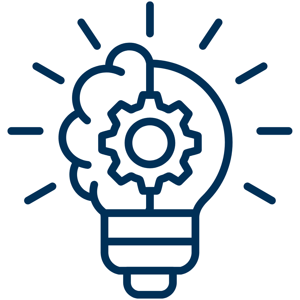 Innovation Icon. Half lightbulb, half brain graphic with a gear in the center.